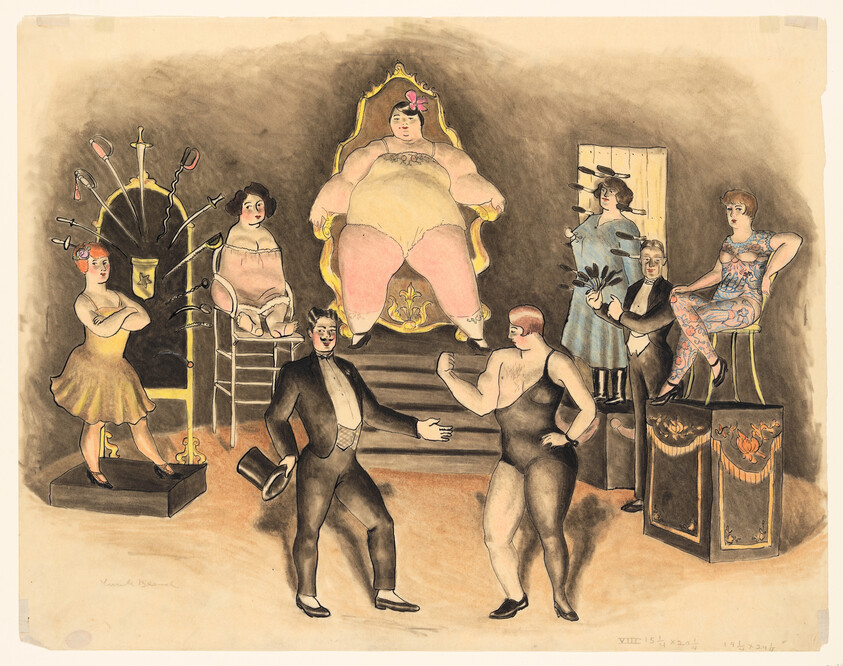 Ringmaster gestures toward a strongwoman as performers and a large seated woman watch from stage.