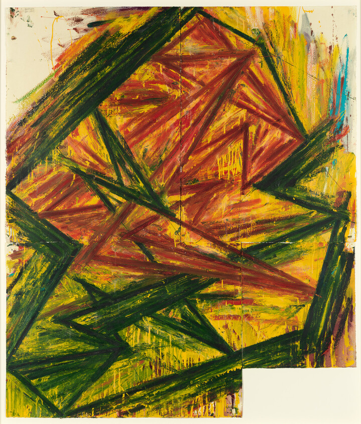 Bold green and red angular brushstrokes form overlapping triangular shapes against a bright yellow background.