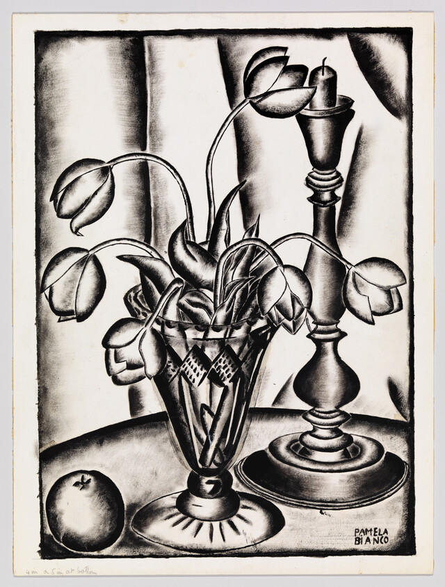A still life with drooping tulips in a cut glass vase beside a tall candlestick and an apple.
