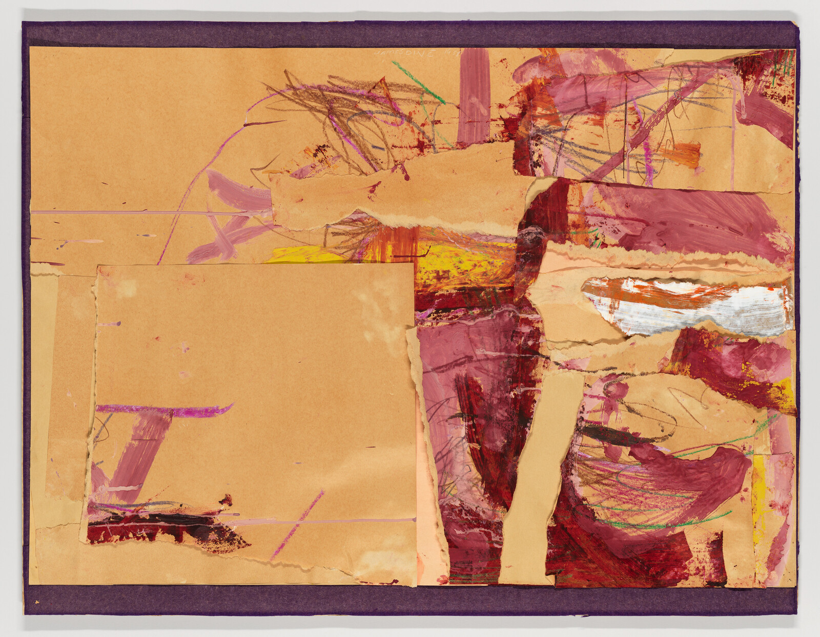 Abstract collage of torn brown paper with bold pink, red, and yellow paint strokes and scribbles.