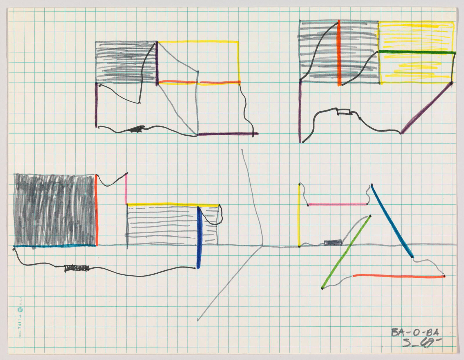 Grid paper covered with colorful abstract geometric sketches and connecting lines in marker.