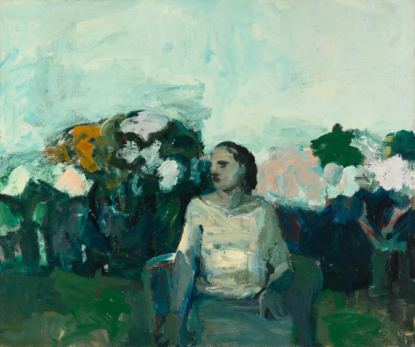 A woman sits on a chair outdoors, surrounded by abstract trees and a pale sky.