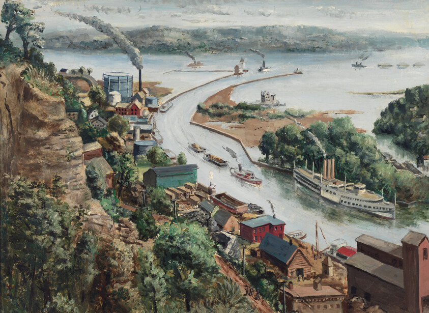 Steamboats and barges travel along a winding river past factories and riverfront houses.