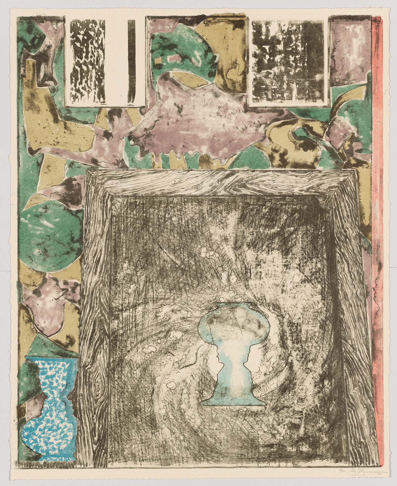 A textured wood-framed panel with a central keyhole-shaped chalice surrounded by swirling marks.