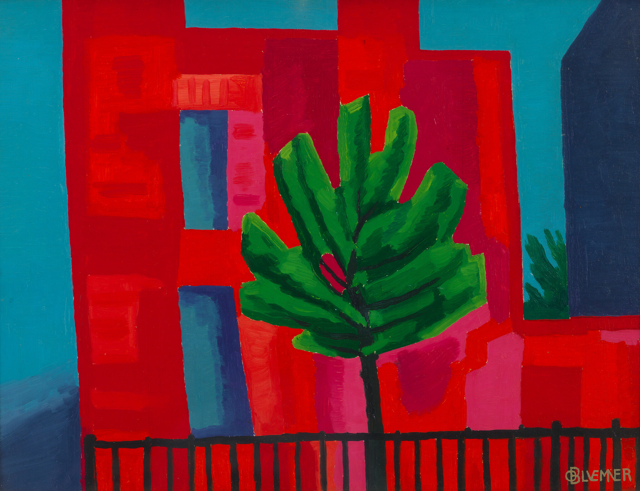 A bold green tree stands in front of red geometric buildings behind a black fence.