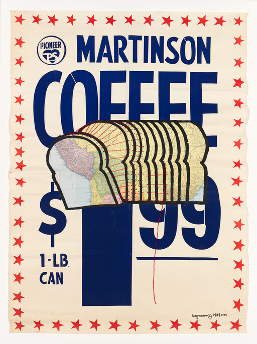 Martinson Coffee poster with layered map-shaped bread slices over large $1.99 price.