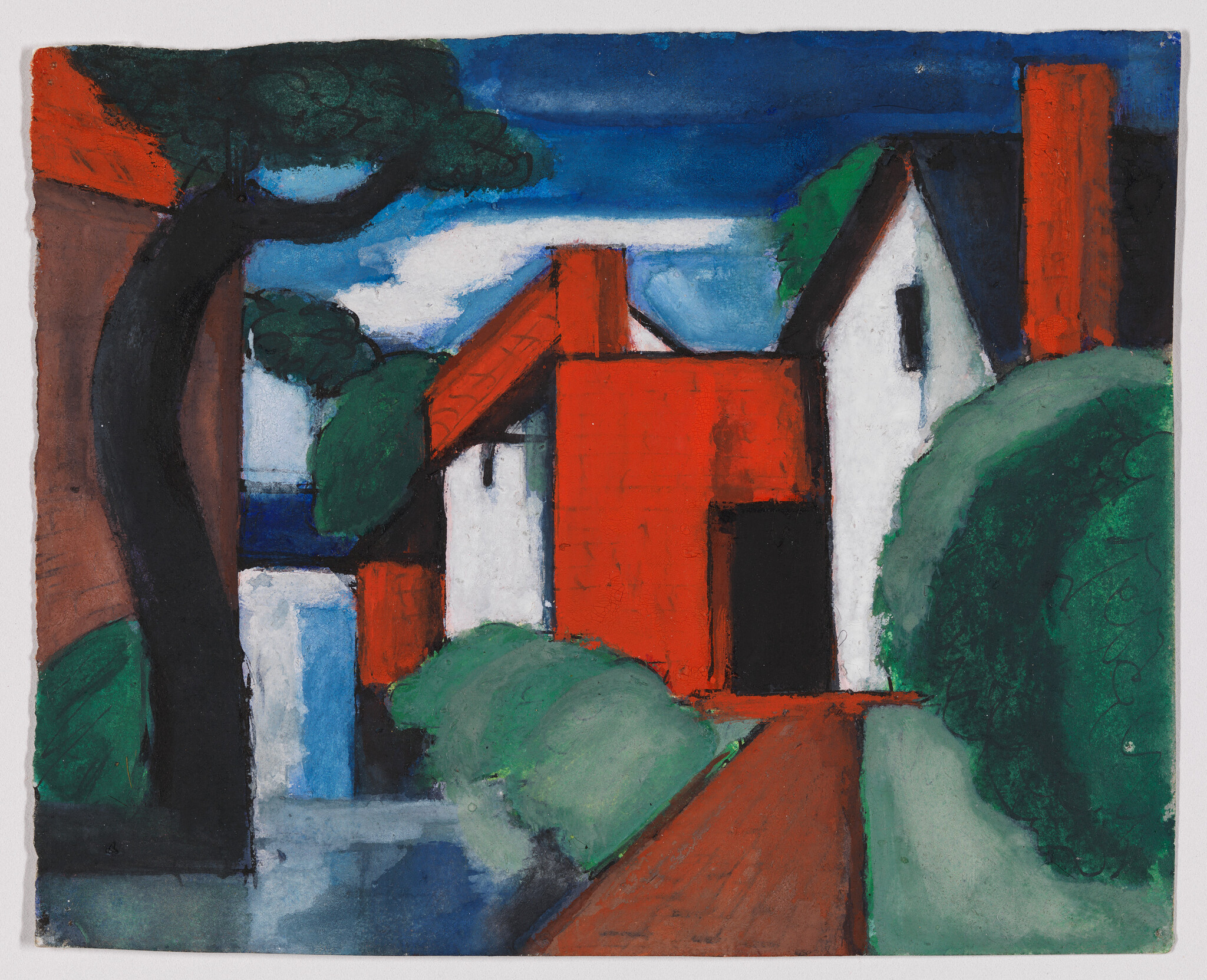 Red-roofed houses beside a path and trees reflected in a calm blue pool.