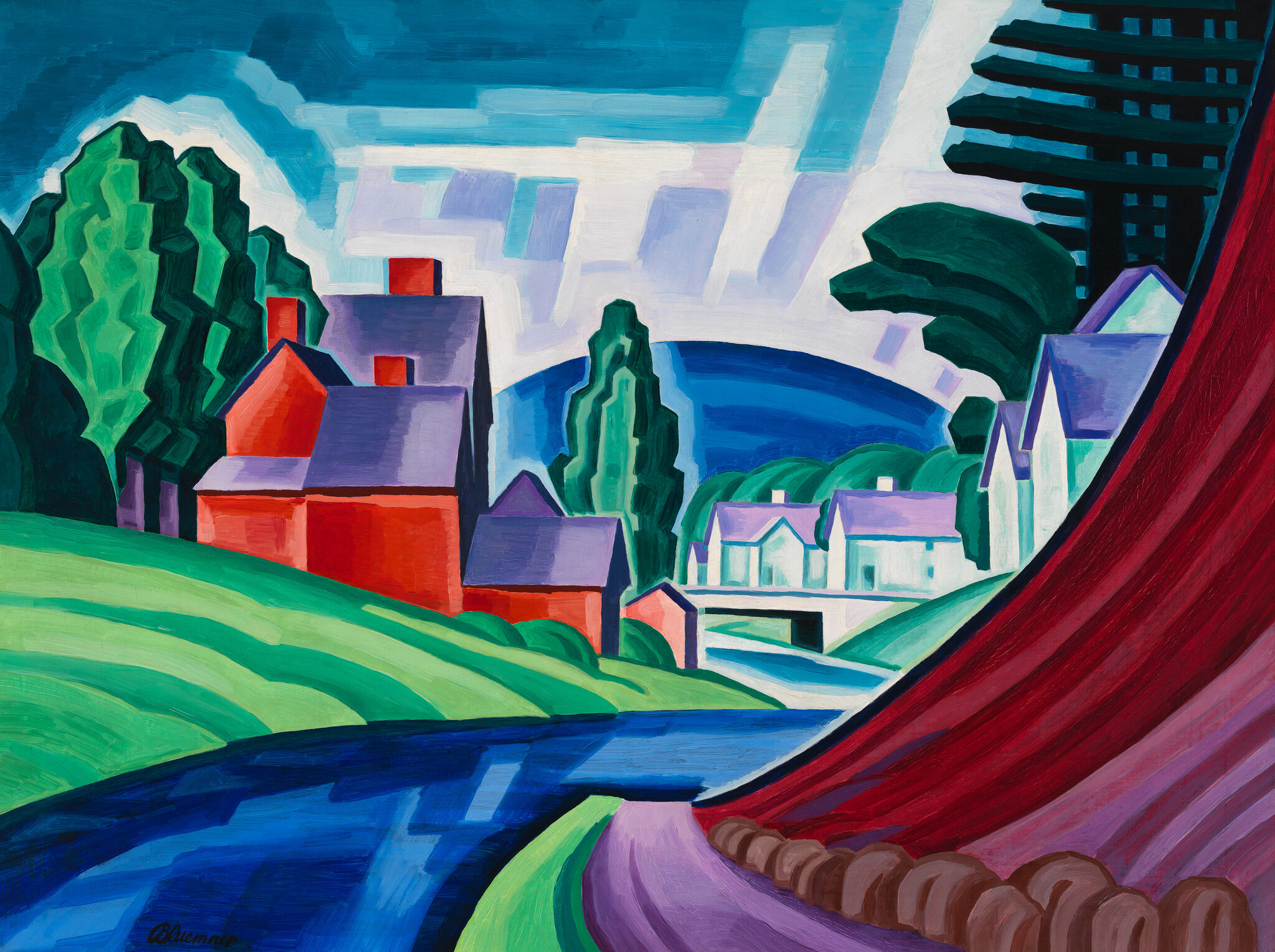 Bright geometric village with red houses beside a winding blue river under a clear sky.