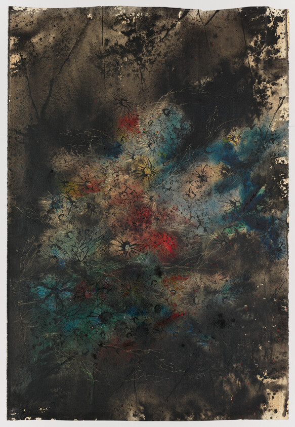 Dark abstract painting with colorful floral shapes and splattered blues, reds, and yellows.