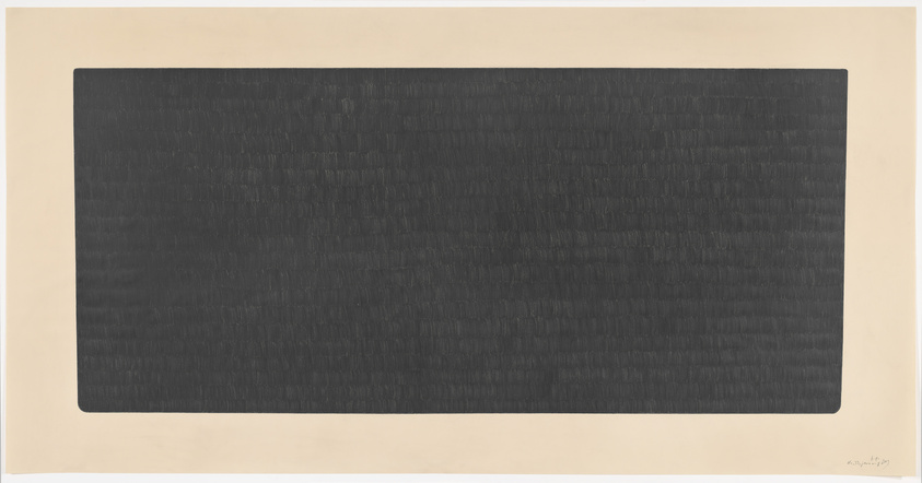 A minimalist artwork featuring a large, dark rectangle with a textured surface, centered on a lighter beige background. The rectangle's texture consists of numerous fine, horizontal lines, giving it a woven appearance. The artist's signature is visible in the bottom right corner on the beige background.