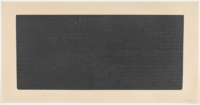 A large dark textured rectangle sits centered on a wide light beige background like minimalist artwork.