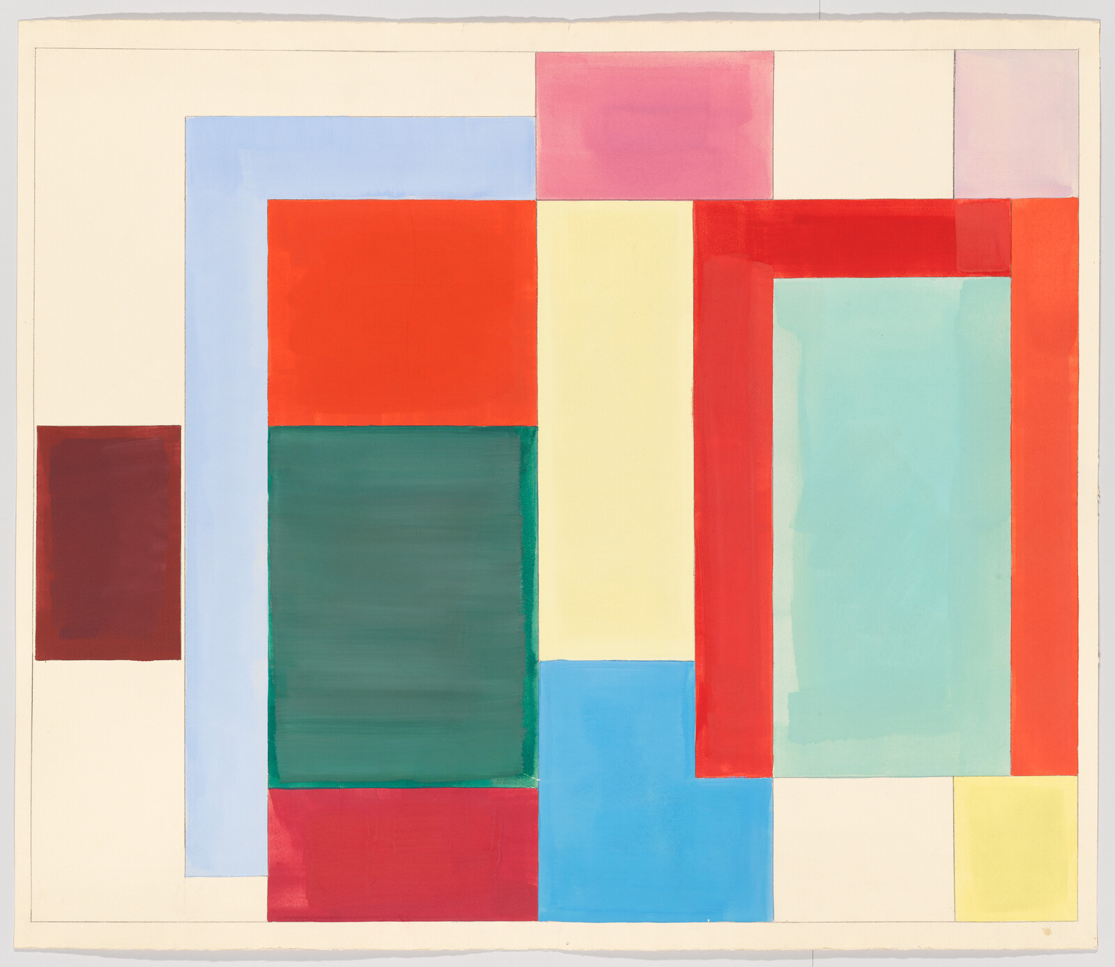 Overlapping colorful rectangles and squares form a balanced abstract geometric composition.