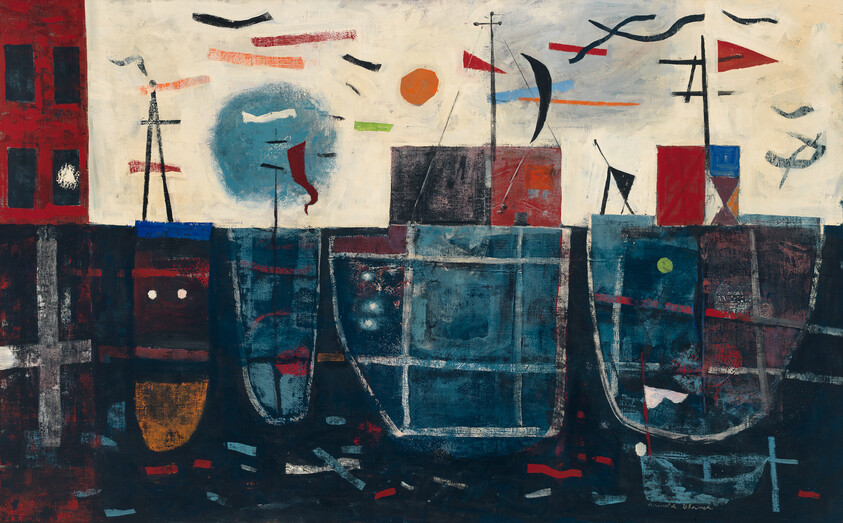 Three abstract boats with colorful flags moored along a dark waterfront under a pale sky.