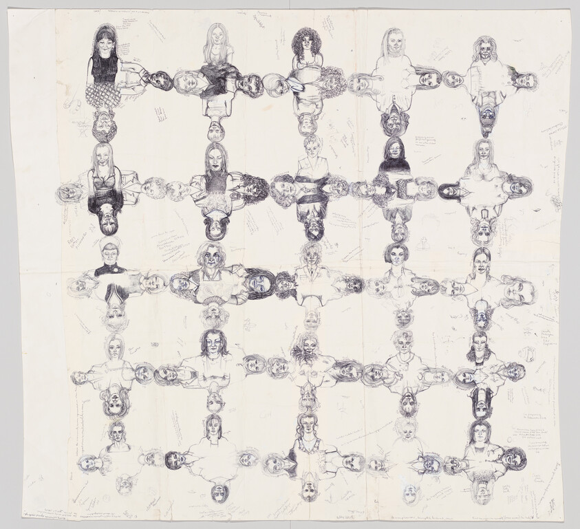 Grid of repeated hand-drawn female portraits mirrored and connected in a tiled pattern across paper.