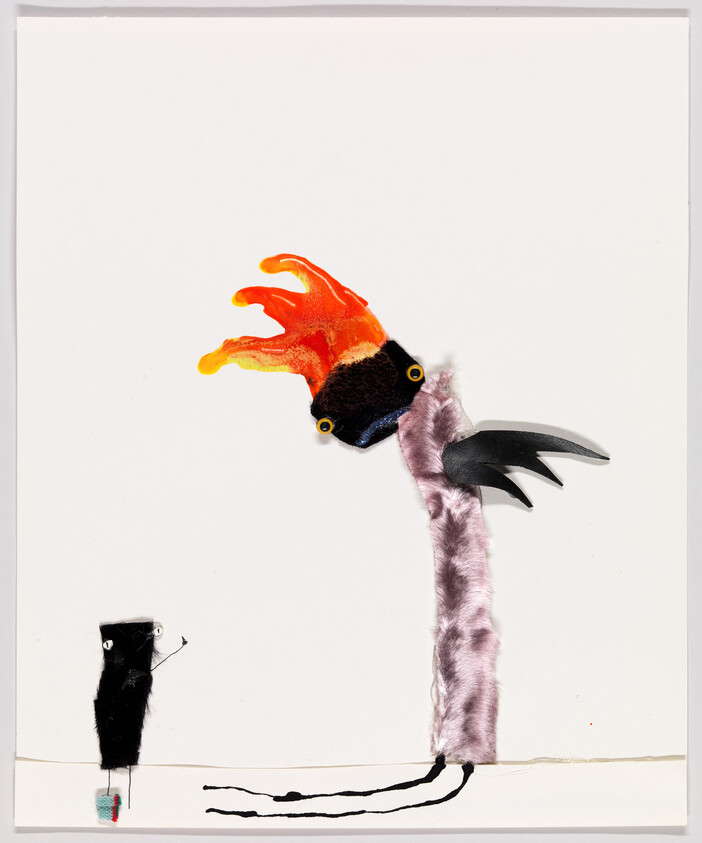 A tall bird with a flaming orange head leaning toward a small black figure holding a cup.