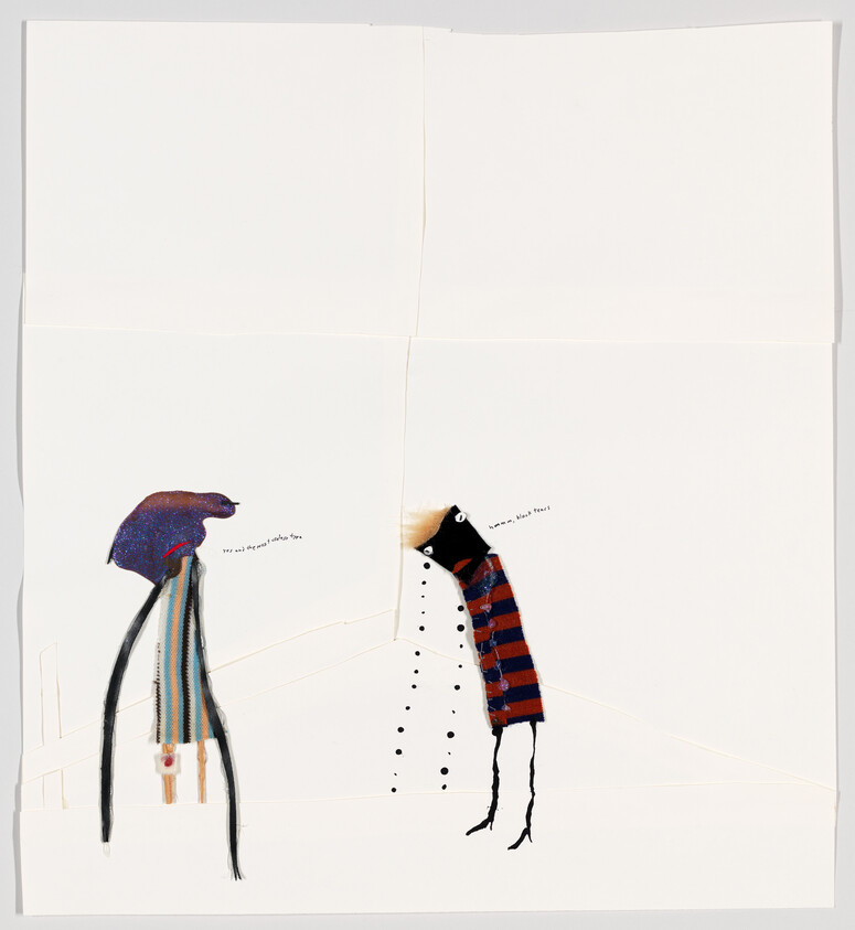 Two stylized bird-like figures face each other on a mostly blank white background.