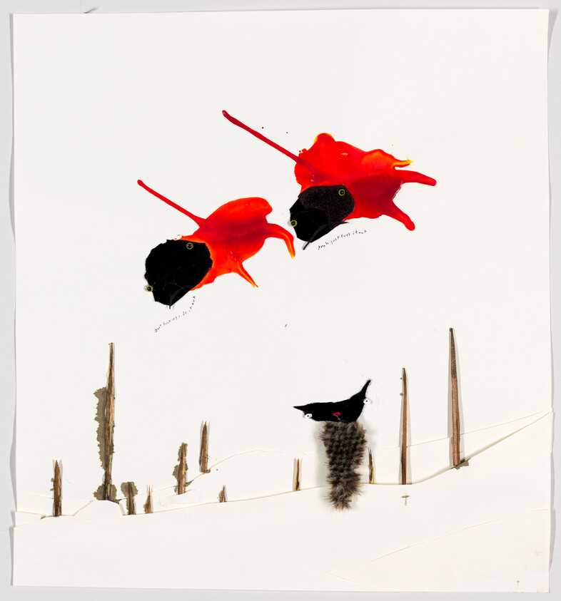 Two red birds fly above a small black bird perched on a fence in a snowy landscape.