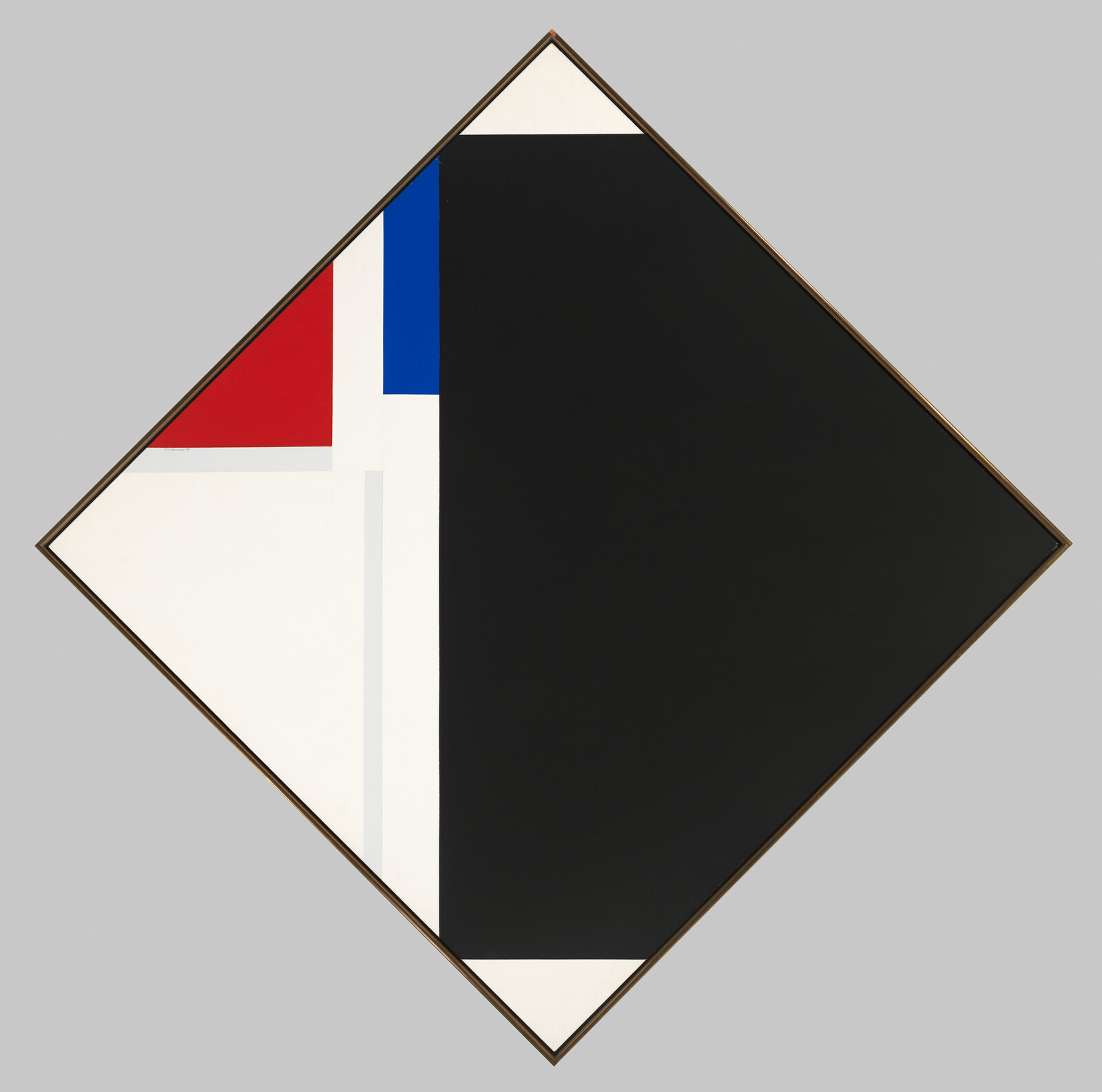 Diamond-shaped painting with a large black field, white left area, and red and blue blocks.