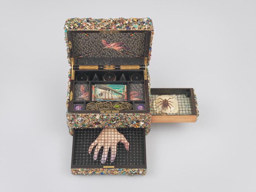 Decorated keepsake box opened to reveal compartments with a printed hand under a grid and a spider.