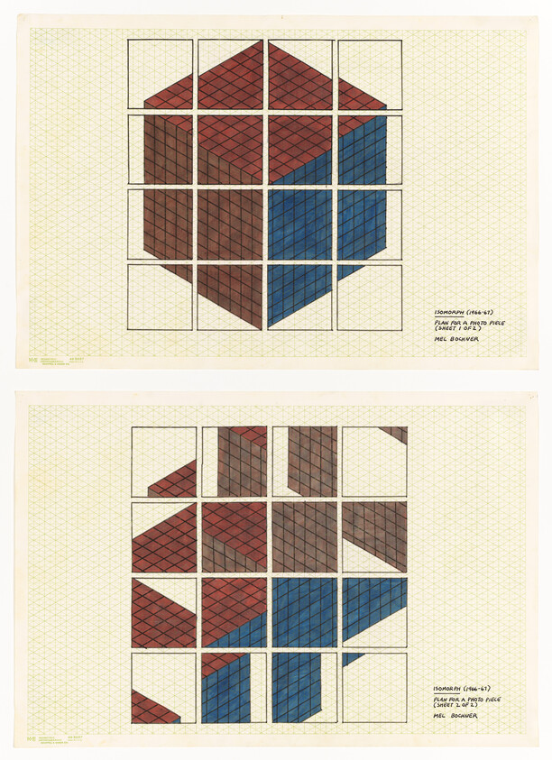 Two grid diagrams showing a red and blue isometric cube split into smaller tiled panels.