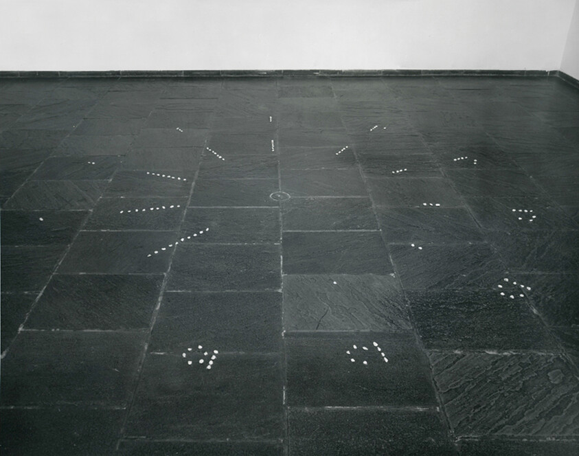 Dark tiled floor with small white dot patterns arranged in scattered, curved groups across the surface.