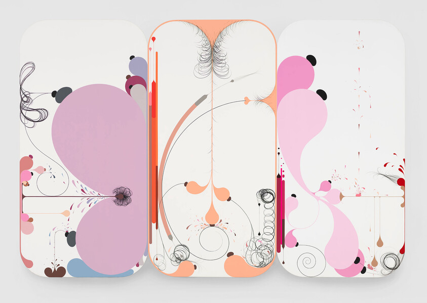 Three rounded panels with abstract pink and orange swirls, floral loops, and delicate linework.