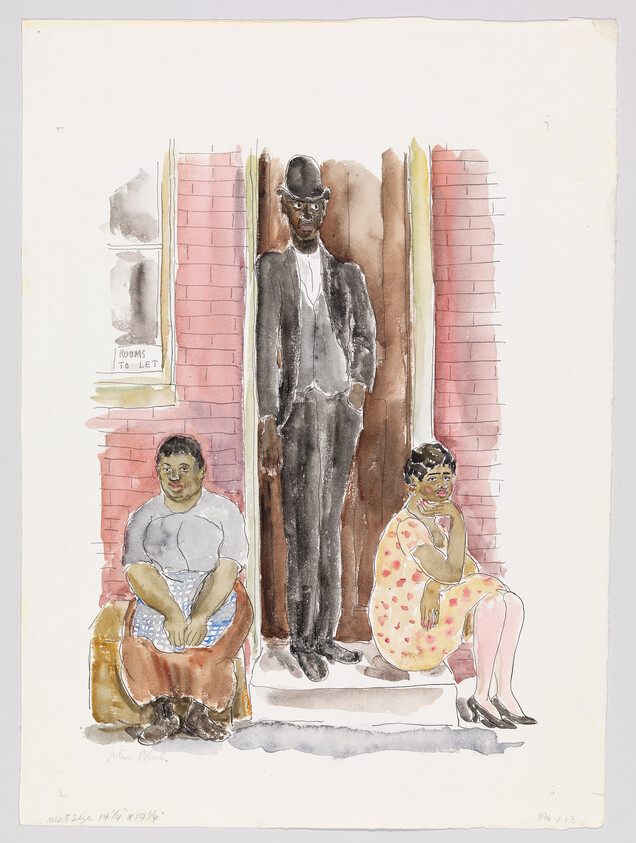 A tall man in a suit and bowler hat stands in a doorway while two women sit on either side.