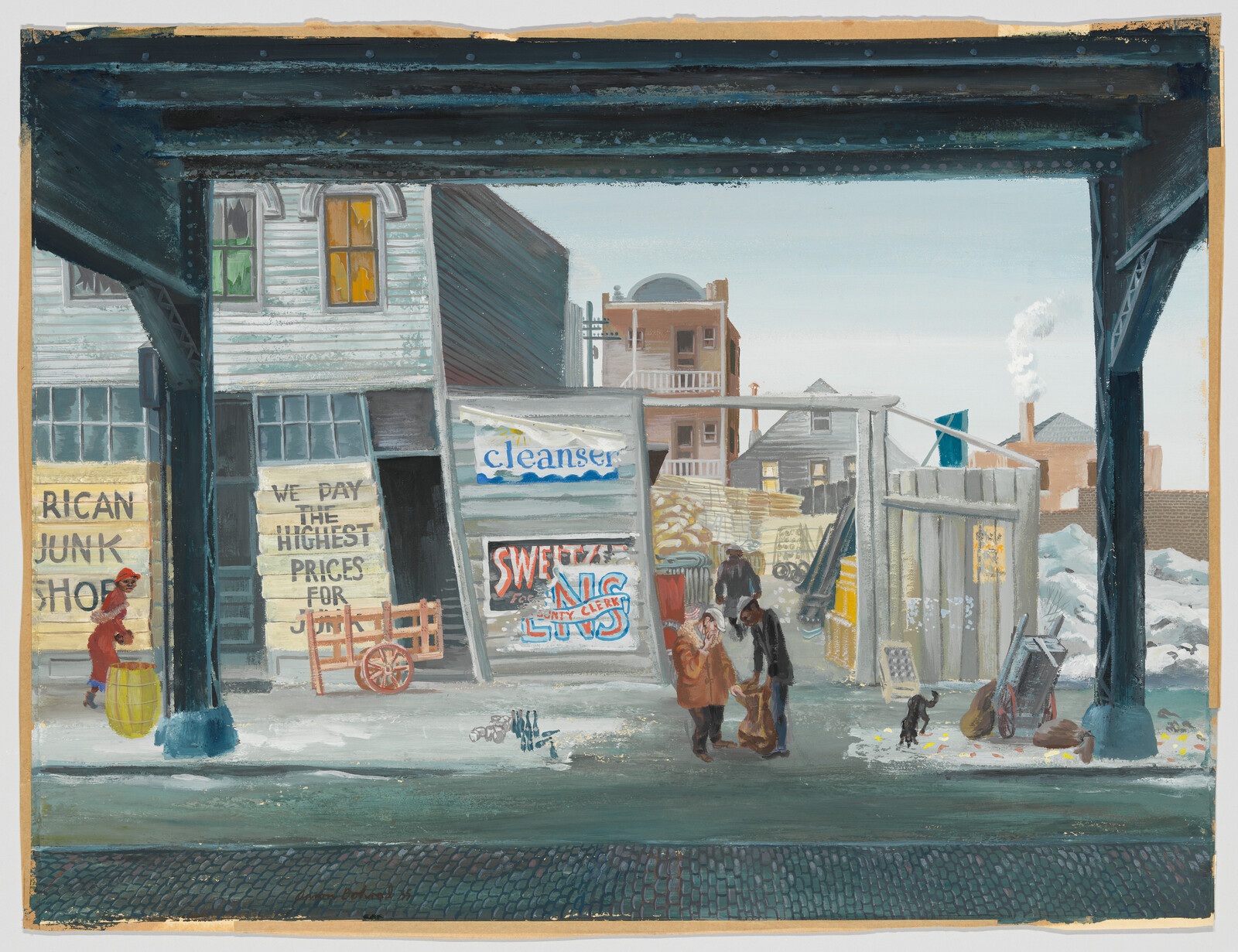 People exchange goods and talk outside a junk shop under elevated train tracks in winter.