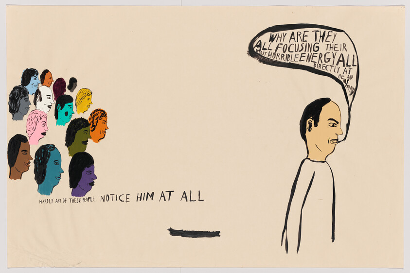 A solitary man looks worried while a colorful crowd ignores him and he thinks they focus horrible energy on him.