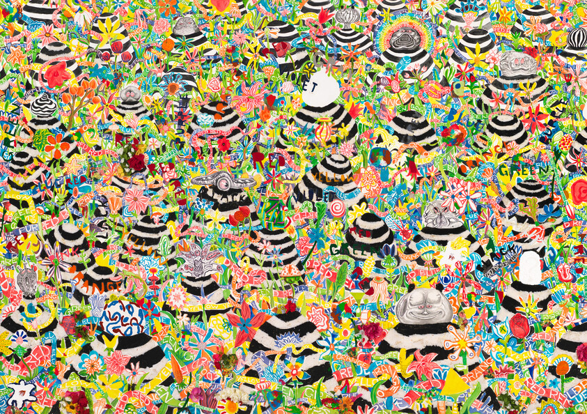 Among a cluttered expanse of yellow, red, green, blue, and orange flowers, a number of black and white, horizontal stripe mounds protrude, some with big round cartoonish heads and zany expressions.