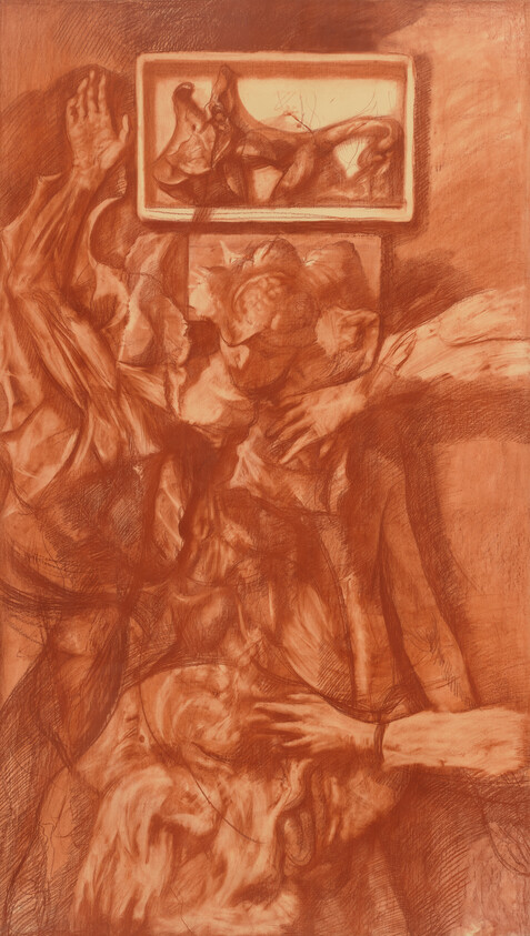 Several intertwined figures and hands rendered in red chalk with a small framed study above.