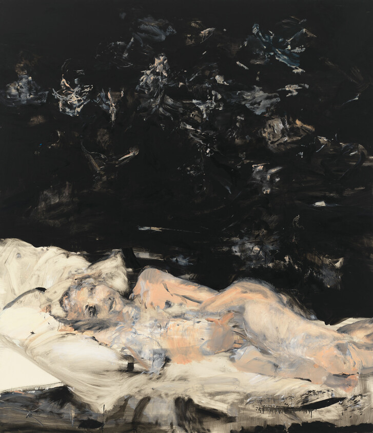 A reclining nude figure rests on a white bed against a deep, dark background.