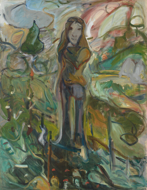 A standing figure with long hair and a crownlike headband amid swirling colorful landscape.