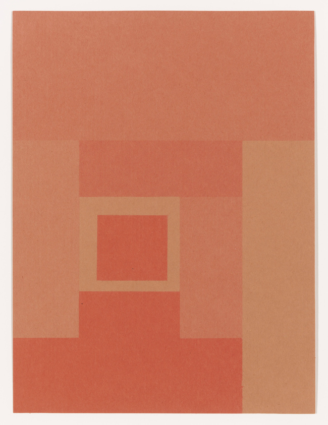 A geometric abstract artwork featuring various shades of red and orange squares and rectangles layered on top of each other, creating a sense of depth and visual interest.