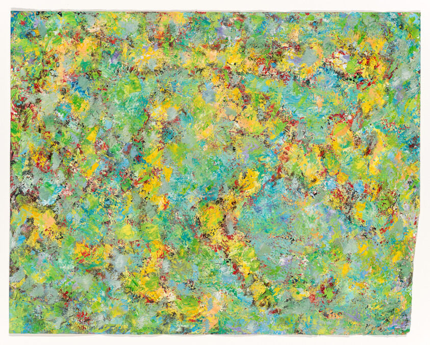 A vibrant abstract painting with a chaotic mix of colors including blues, greens, yellows, and reds, with visible brush strokes and texture suggesting a lively, dynamic composition.