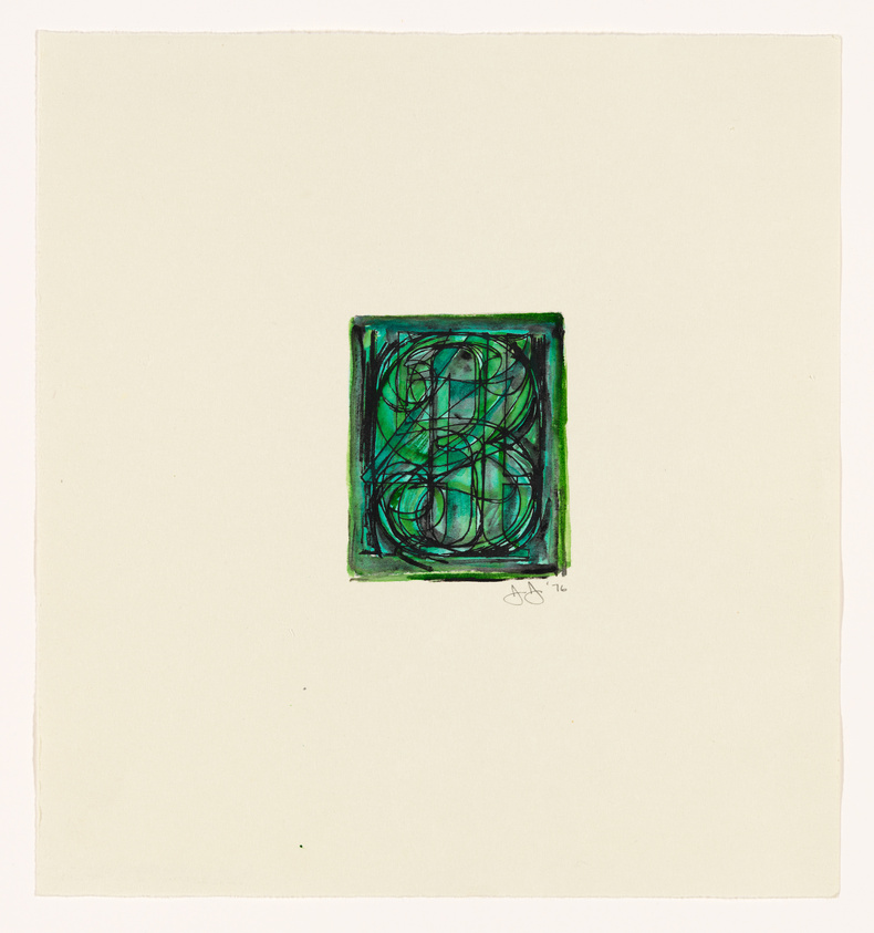 A square piece of paper featuring an abstract artwork with a central square filled with overlapping circular lines in black, surrounded by a green border. The artist's signature and the year '76 are visible at the bottom right corner of the paper.