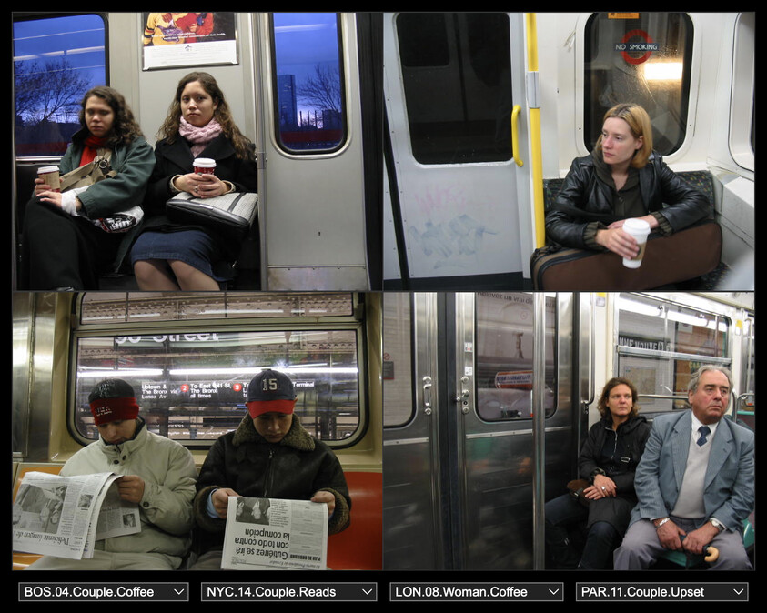 People sitting in subway cars, some holding coffee or reading newspapers. Different scenes from Boston, NYC, London, and Paris.