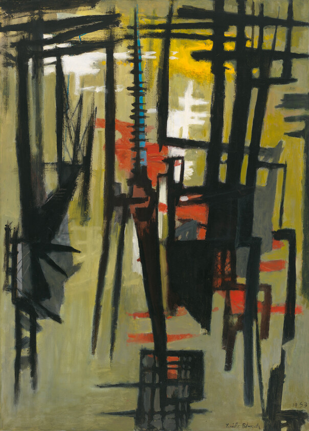 Abstract expressionist painting featuring a complex array of vertical and horizontal lines and shapes in a muted palette with accents of red and yellow, suggesting an industrial or architectural theme, signed and dated 1953.