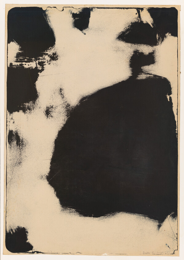 Large irregular black shape dominates a worn beige background with smudged edges and faded marks.