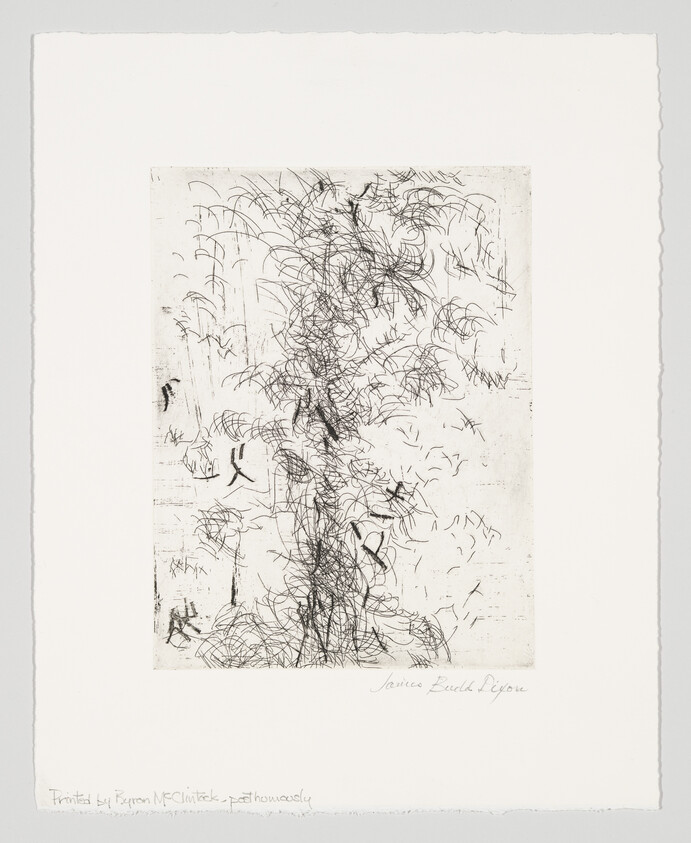 An abstract black and white etching with chaotic line patterns on a textured paper. The artwork features a dense cluster of scribbled lines in the center, surrounded by lighter, more dispersed marks. There is a signature at the bottom right and text at the bottom left indicating the printer's name and possibly the word "pathomously." The paper has rough edges, suggesting it may be hand-torn or a specialty type of printmaking paper.