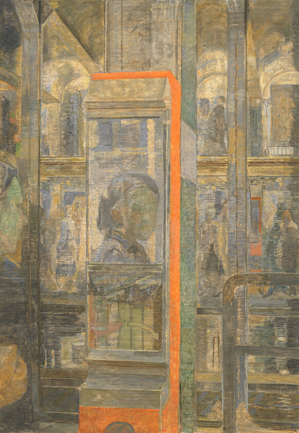 A person stands inside a glass booth with a red border, surrounded by reflections and blurred figures.