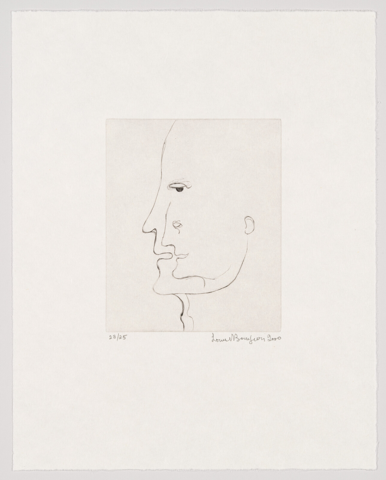 Two overlapping facial profiles drawn with thin lines creating a single composite face within a square.