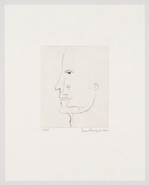 Two overlapping facial profiles drawn with thin lines creating a single composite face within a square.