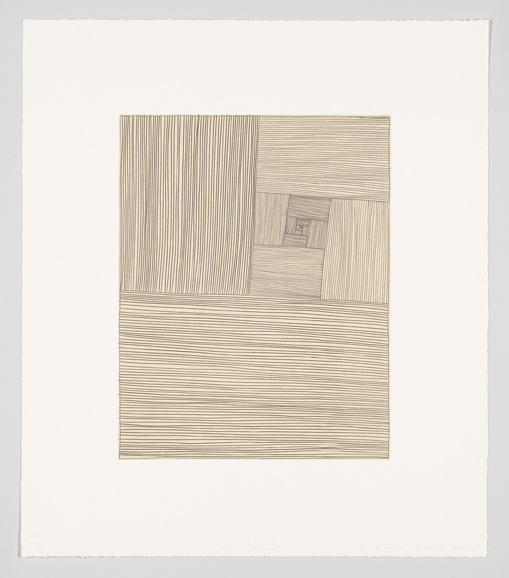 Abstract drawing of stacked rectangular panels filled with fine parallel lines forming a small spiral center.