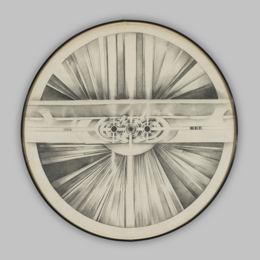 Circular abstract design with radial lines and geometric shapes, resembling a mechanical or industrial component.