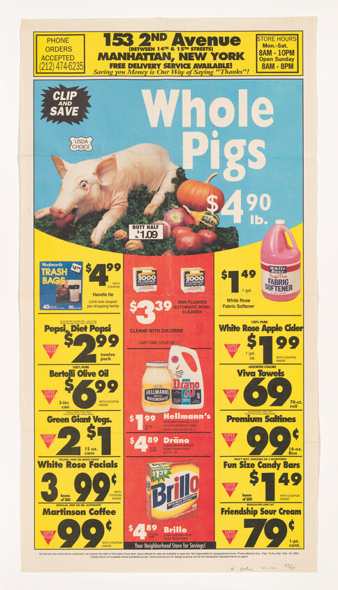 A vintage grocery store advertisement flyer featuring a large photo of a pig at the top with the text "Whole Pigs $4.90 lb." Below are various grocery and household items with prices, such as Pepsi, olive oil, mayonnaise, and cleaning supplies, against a yellow background. The flyer includes a phone number, address for a Manhattan store, and store hours at the top. There are also "clip and save" coupons throughout the ad.