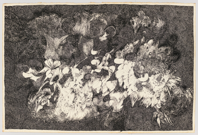 Black-and-white ink drawing of clustered flowers with intricate, swirling textured background.