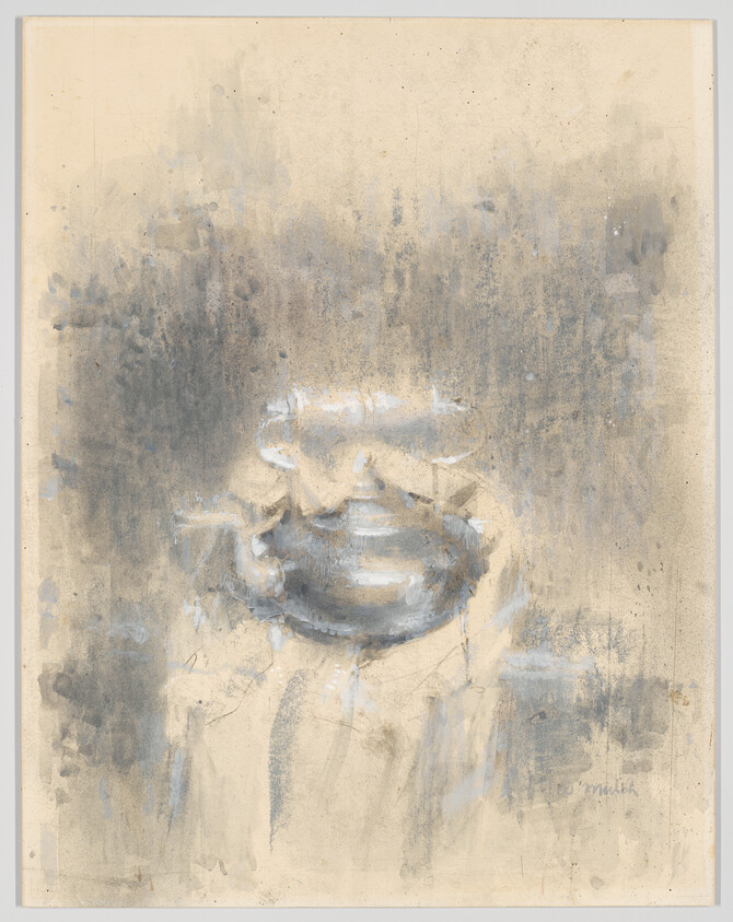A muted painting focusing on a pair of lips with soft gray and beige brushstrokes.