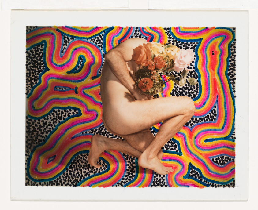 A naked person curled on a colorful psychedelic background hugging a bouquet of flowers.