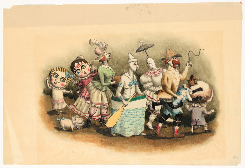 A line of costumed puppet characters marches forward, one paddling a makeshift boat while others hold props.